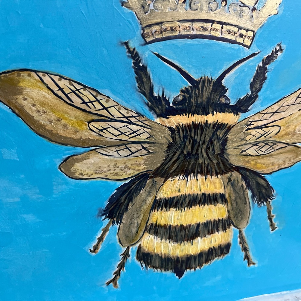 Bee and Crown Hand painted : wall Art Painting in Blue and Gold 20”